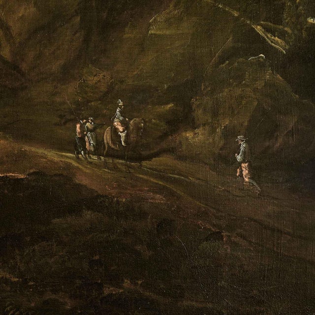 Venetian School, Animated Mountain Landscape with Architecture, 1800s, Oil on Canvas For Sale - Image 6 of 12
