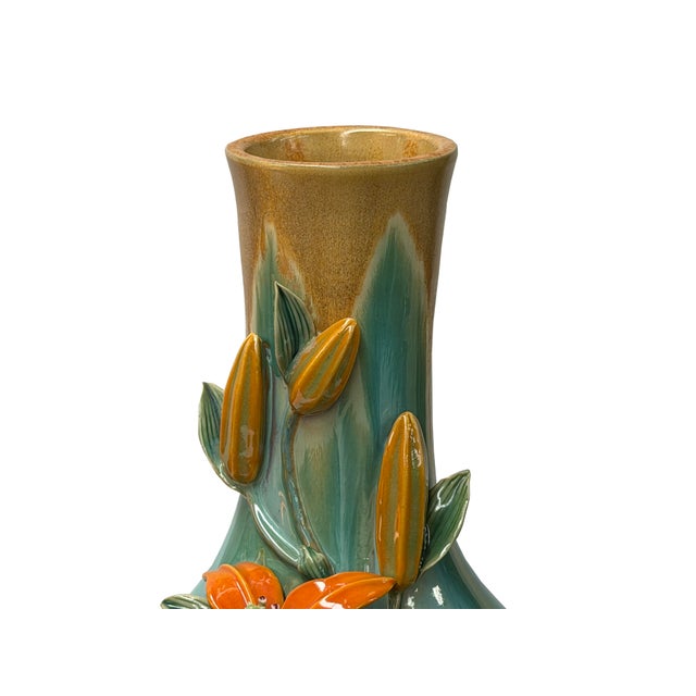 Turquoise Teal Bulbous Round Body Orange Dimensional Lily Flower Art Vase For Sale - Image 10 of 15