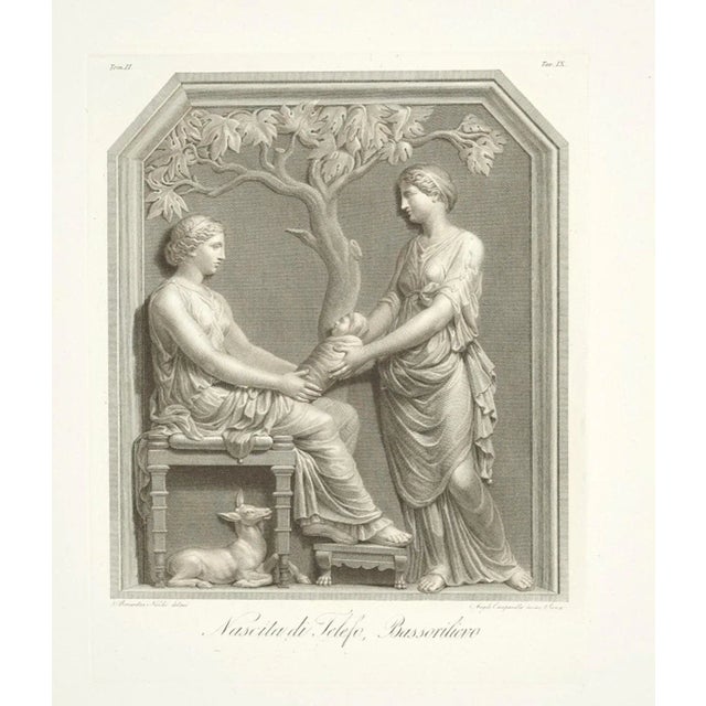 “nascita di telefo, bas-relief” (birth of telefo, bas-relief) is a beautiful black and white burin and etching on paper,...