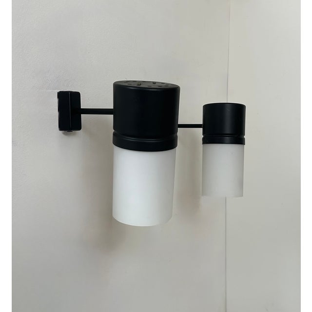 Vintage Matte Black Metal and Opaline Glass Adjustable Wall Lights, France, 1950, Set of 2 For Sale - Image 6 of 8