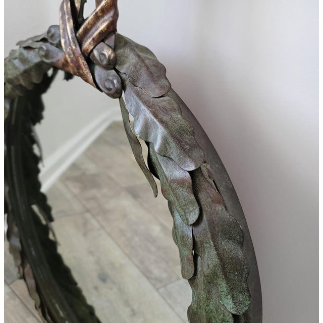 Green Regency LaBarge Italian Patinated Tole Wreath Bow Metal Wall Mirror For Sale - Image 8 of 14