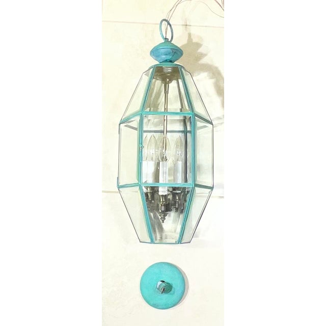 Vintage Hexagonal Solid Brass Hanging Lantern / Foyer Pendant Light 24”h X 10” W For Sale In Miami - Image 6 of 18