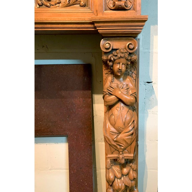 Brown Renaissance Revival Style Carved Oak Mantel With Eagles, Rams Heads, Mermaids, Cherubim and "Green Men" For Sale - Image 8 of 9