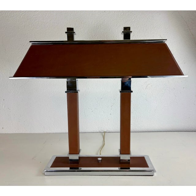 1990s Vintage Ralph Lauren Leather and Nickel Bankers Style Desk Lamp For Sale - Image 5 of 12