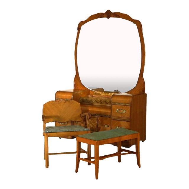 Vintage Waterfall Carved Satinwood Dressing Table with Bakelite Handles c1940 For Sale