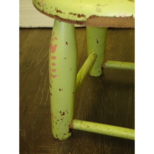 Vintage French Country Lime Green Rustic Footstool Stool W a Child Pictured For Sale - Image 15 of 16