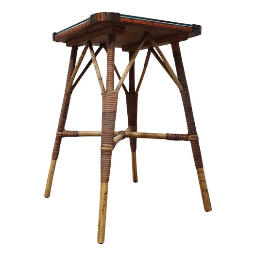 Bamboo Side Table with Glass Top For Sale