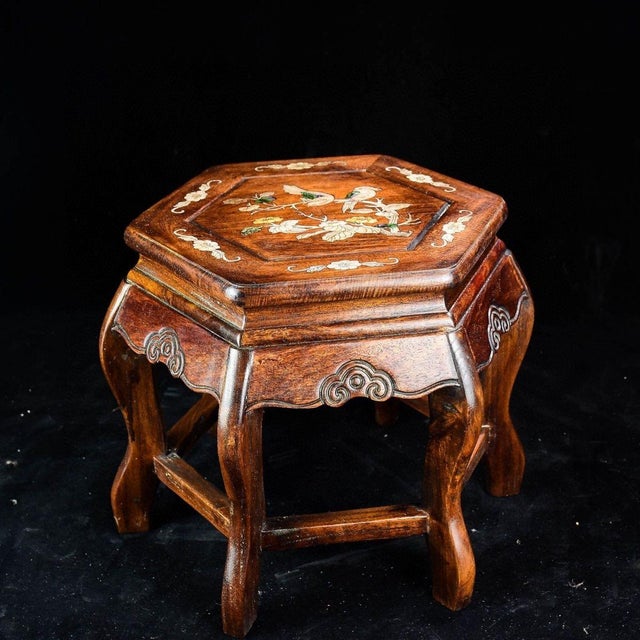 Vintage Chinese Rosewood Hexagonal Stool / Mother of Pearl Inlay Plant Stand For Sale In Los Angeles - Image 6 of 9