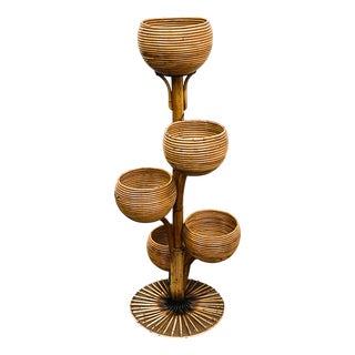Italian Bamboo Multi-Tier Plant Stand with Sculptural Bowls, 1960s For Sale