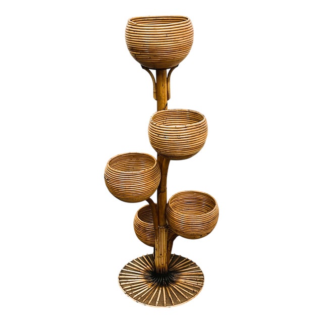 Italian Bamboo Multi-Tier Plant Stand with Sculptural Bowls, 1960s For Sale