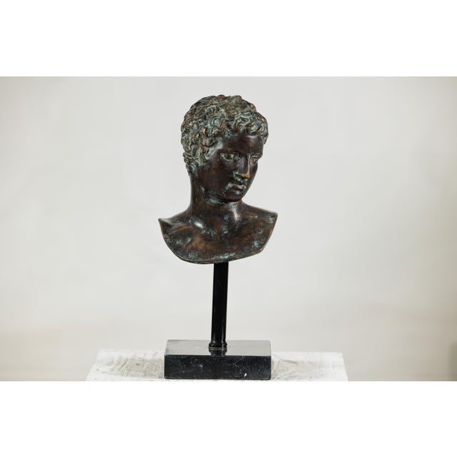 Late 20th Century Classical Greek Style Bronze Bust of a Young Man on Marble Base For Sale - Image 16 of 18