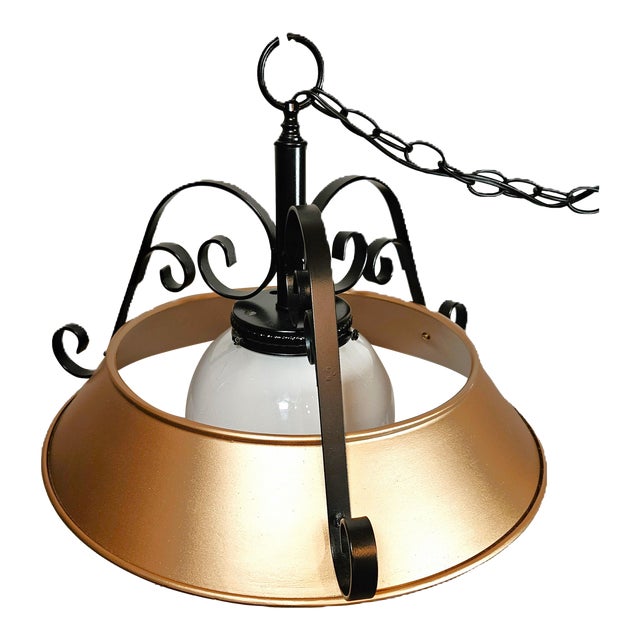 Wrought Iron + Enameled Steel & Glass Globe Swag Pendant, 1960's For Sale