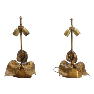 Vintage French Hammered Brass Floral Lamps, 1970, Set of 2 For Sale