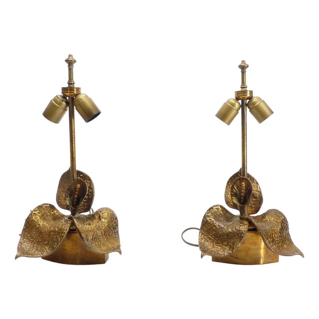 Vintage French Hammered Brass Floral Lamps, 1970, Set of 2 For Sale