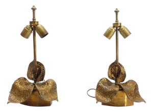 Vintage French Hammered Brass Floral Lamps, 1970, Set of 2