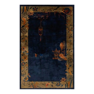 1920s Blue Navy Vase Floral Antique Chinese Art Deco Carpet 5' X 7'7" Knotted Wool Rug For Sale