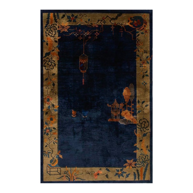 1920s Blue Navy Vase Floral Antique Chinese Art Deco Carpet 5' X 7'7" Knotted Wool Rug For Sale