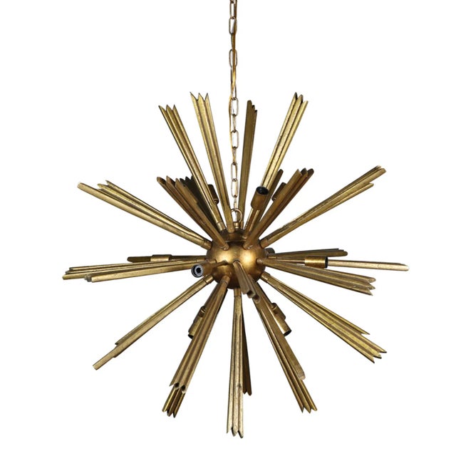 Matthew Izzo Home Starburst Large Pine Wood & Antique Gold Wash Chandelier For Sale - Image 4 of 4