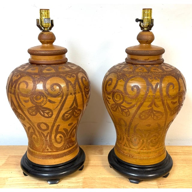 1960s Pair Italian Mid-Century Slip-Decorated Sgraffito Pottery Lamps , C. 1960s For Sale - Image 5 of 9