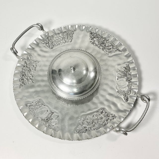 1950s Vintage Boho Chic Arts & Crafts Hand Wrought Etched Aluminum Round Serving Tray For Sale - Image 11 of 12