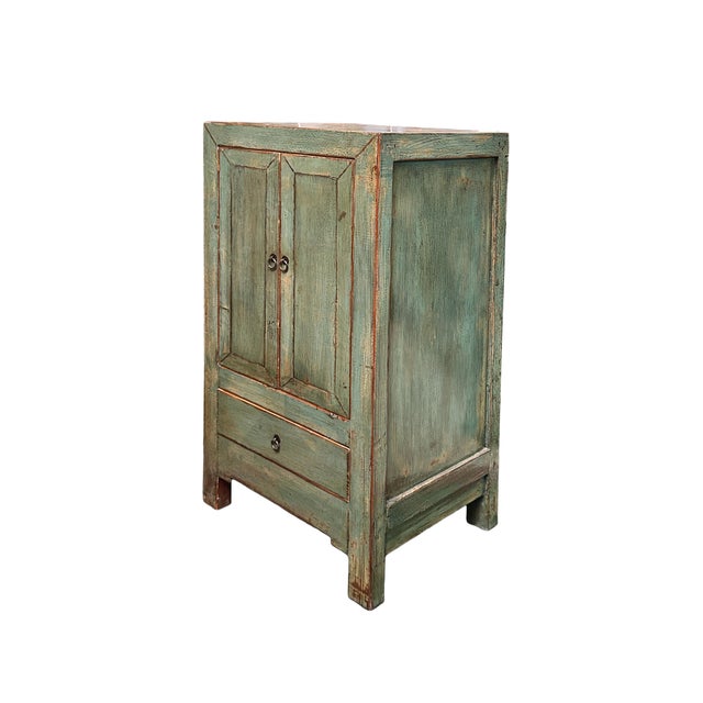 Distressed Light Teal Color Slim End Table Nightstand Cabinet For Sale - Image 4 of 7