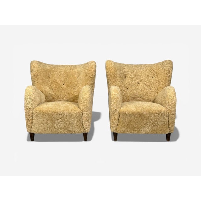 Swedish Modern, Organic Lounge Chairs, Shearling, Wood, Sweden, 1940s For Sale - Image 4 of 12
