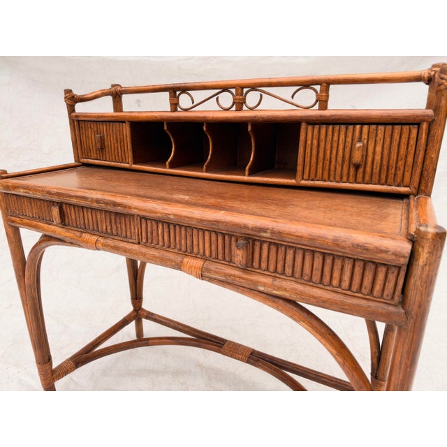 70's Vintage Hollywood Recency Style Palm Beach Bamboo & Rattan Desk For Sale - Image 10 of 11