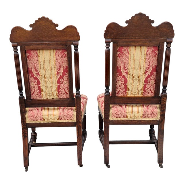 Pair 19th Century Victorian Oak Chairs Carved Back Red Gold Upholstery Dining Hall For Sale In Philadelphia - Image 6 of 15