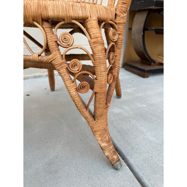 1970's Natural Wicker Peacock Chairs With Stool- Set of 3 For Sale - Image 11 of 12