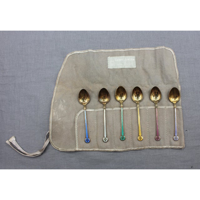 Mid-Century Modern Mid-20th Century Norwegian Set of 6 Gilt, Sterling Silver, and Enamel Demitasse Spoons For Sale - Image 3 of 10