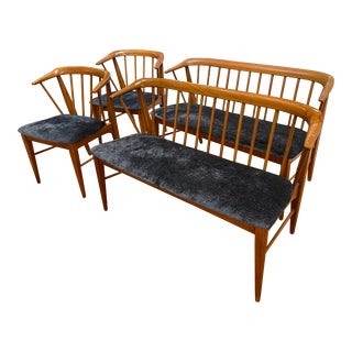 1950s Mid Century Modern Danish Walnut Dining Chairs and Benches in Slate Blue Chenille Set- 4 Pieces For Sale