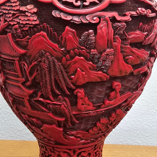 Mid 20th Century Mid-Century Chinese Hand-Carved Cinnabar Lacquer Table Lamps, Pair For Sale - Image 17 of 18