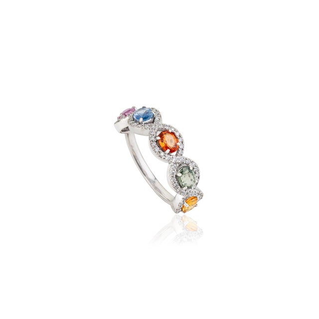 1.62 Ct Multi Sapphire & Diamond Colorful Rainbow Wedding Band Size 8 in 14k Gold For Sale - Image 4 of 15