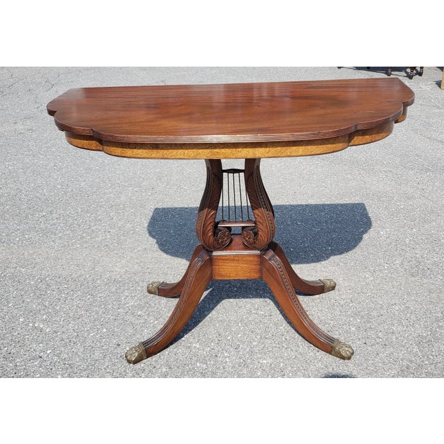 Traditional 1950s Regency Style Mahogany Quadpod Lyre Pedestal Console Table For Sale - Image 3 of 9