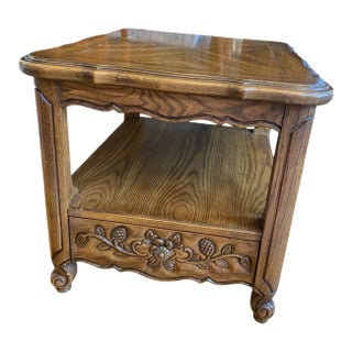 Late 20th Century Thomasville Carved Floral Side Table With Drawer and Open Shelf For Sale