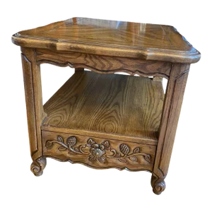 Late 20th Century Thomasville Carved Floral Side Table With Drawer and Open Shelf