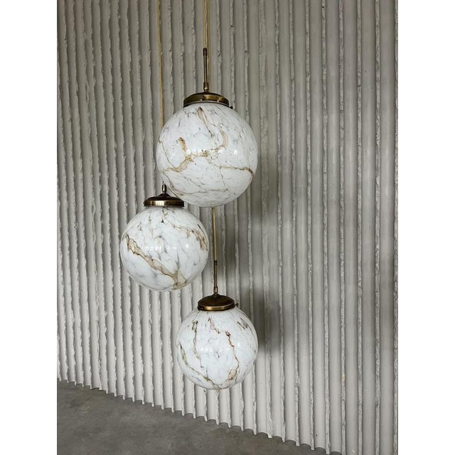 1960s 3-Globe Pendant Light in Marble-Patterned Glass and Brass, 1960s For Sale - Image 5 of 6