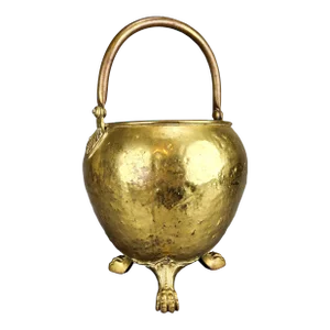19th Century European Hammered Brass Cauldron With Handle and Paw Feet