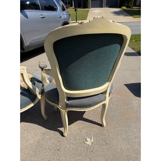 Antique French Louis XV Style Needlepoint Arm Chairs Pastoral Scene Tap Pair For Sale - Image 10 of 10