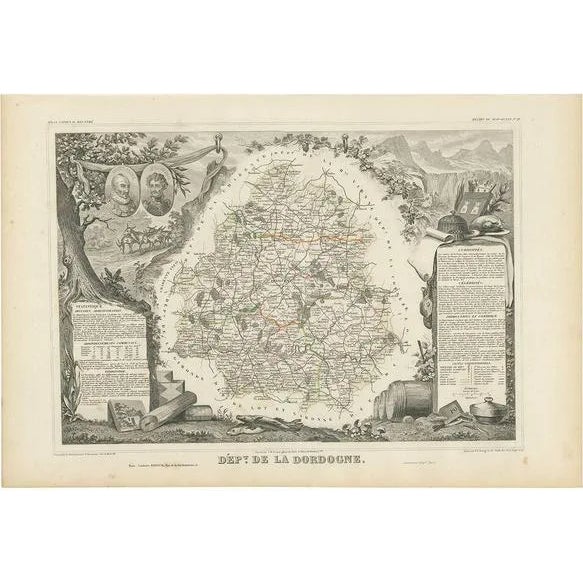 Antique Map of Dordogne in France by V. Levasseur, 1854 For Sale