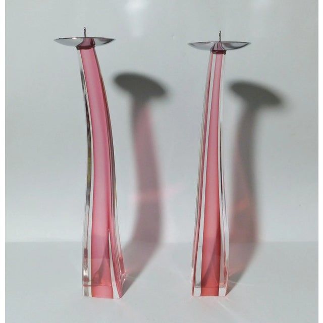 Glass 1980s Pink Murano Glass Candlesticks by Giuliano Tosi, a Pair For Sale - Image 7 of 9