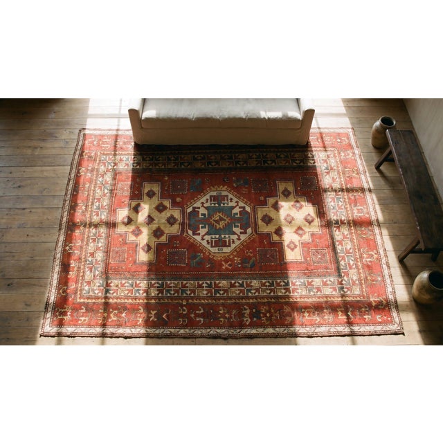 1890s Red Geometric Tribal Caucasian Kazak Fachralo Rug 6'8" X 7'9" Handknotted Wool Carpet For Sale In New York - Image 6 of 8