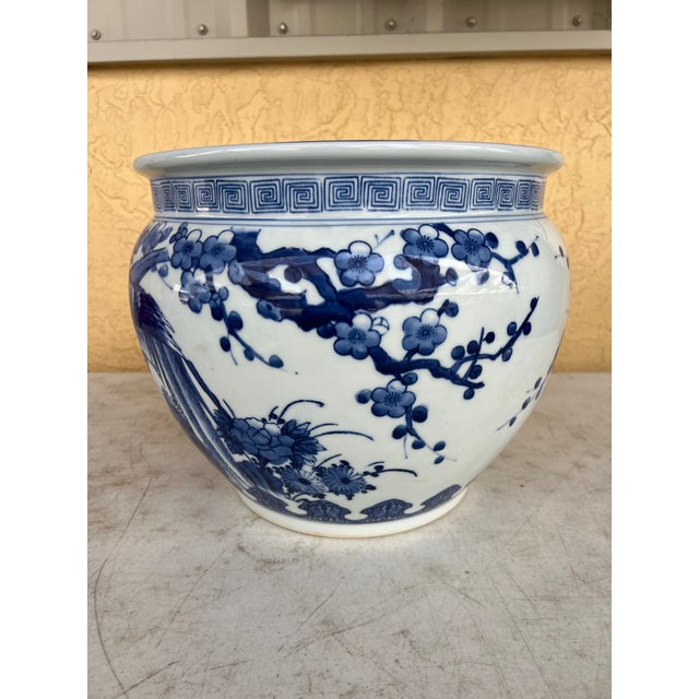 Mid-Century Modern Vintage Japanese Blue & White Bird & Cherry Blossom Jardinière / Planter For Sale - Image 3 of 9