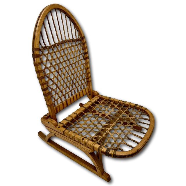 Wood Vintage Mid 1900s "Snow Shoe" Style Stream Bent Ash Wood & Hand Woven Hide Canoe & Camping Folding Chair For Sale - Image 7 of 18