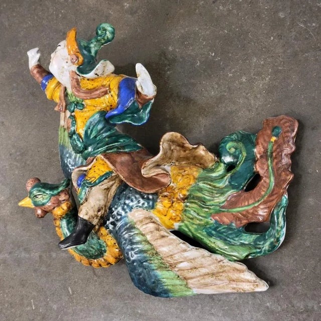 Late 20th Century Chinese Ceramic Tileworks Warrior on Phoenix Wall Hanging Figurine For Sale - Image 5 of 6
