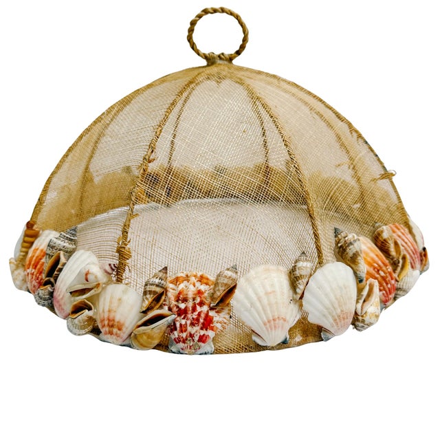 Late 20th Century Artisanal Seashell-Embellished Mesh Food Cover Dome With Twisted Rope Finial For Sale - Image 4 of 9