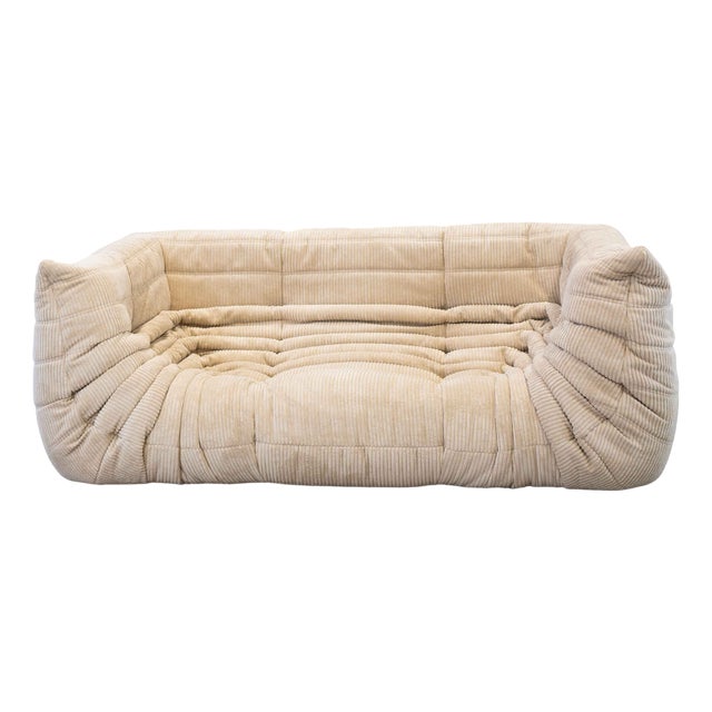 Vintage Two-Seat Togo Sofa with Arms in Beige Corduroy by Michel Ducaroy for Ligne Roset, 1970s For Sale