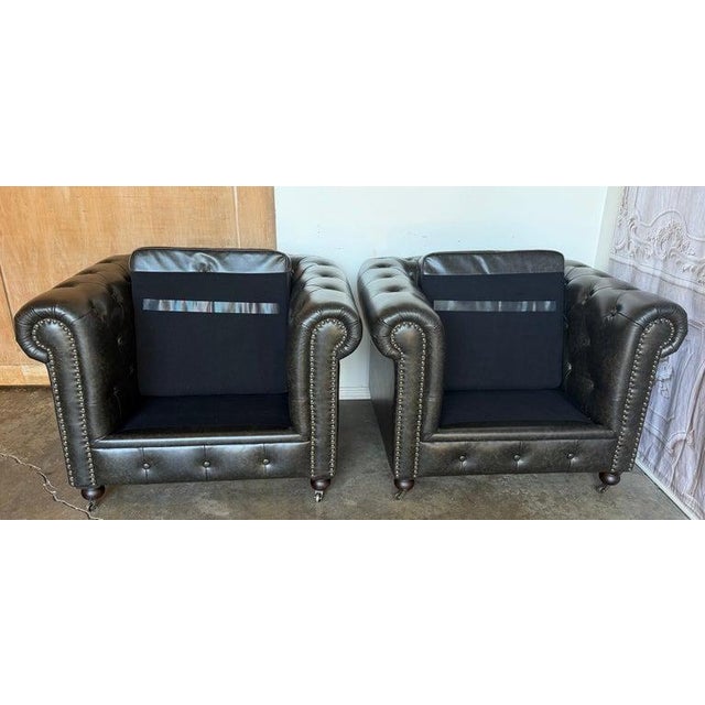 Pair of English CHesterfield Club Chairs- Tufted Armchairs For Sale - Image 11 of 18