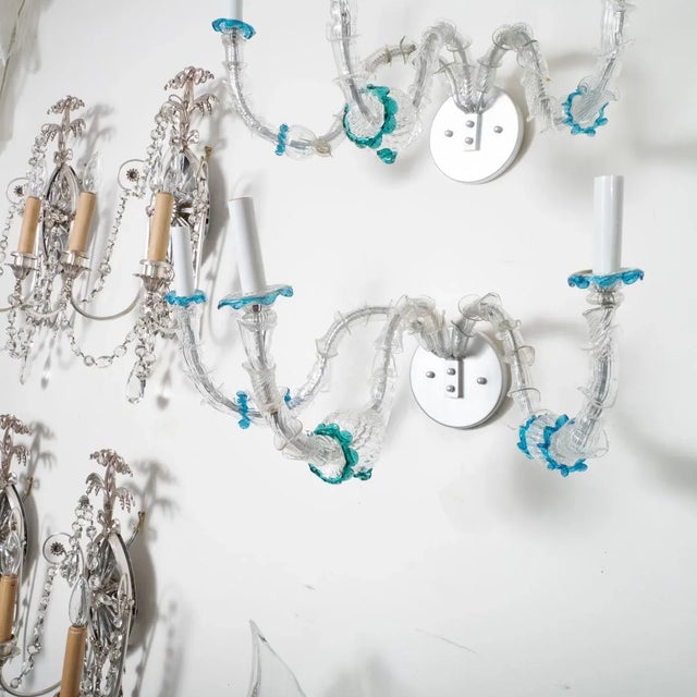 Pair of unusual 3-arm Murano glass sconces with foliate tendril motif.