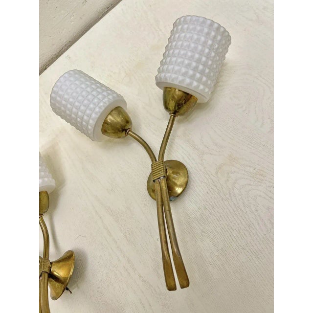 French Brass and Glass Wall Sconces, 1970s, Set of 2 For Sale - Image 6 of 11